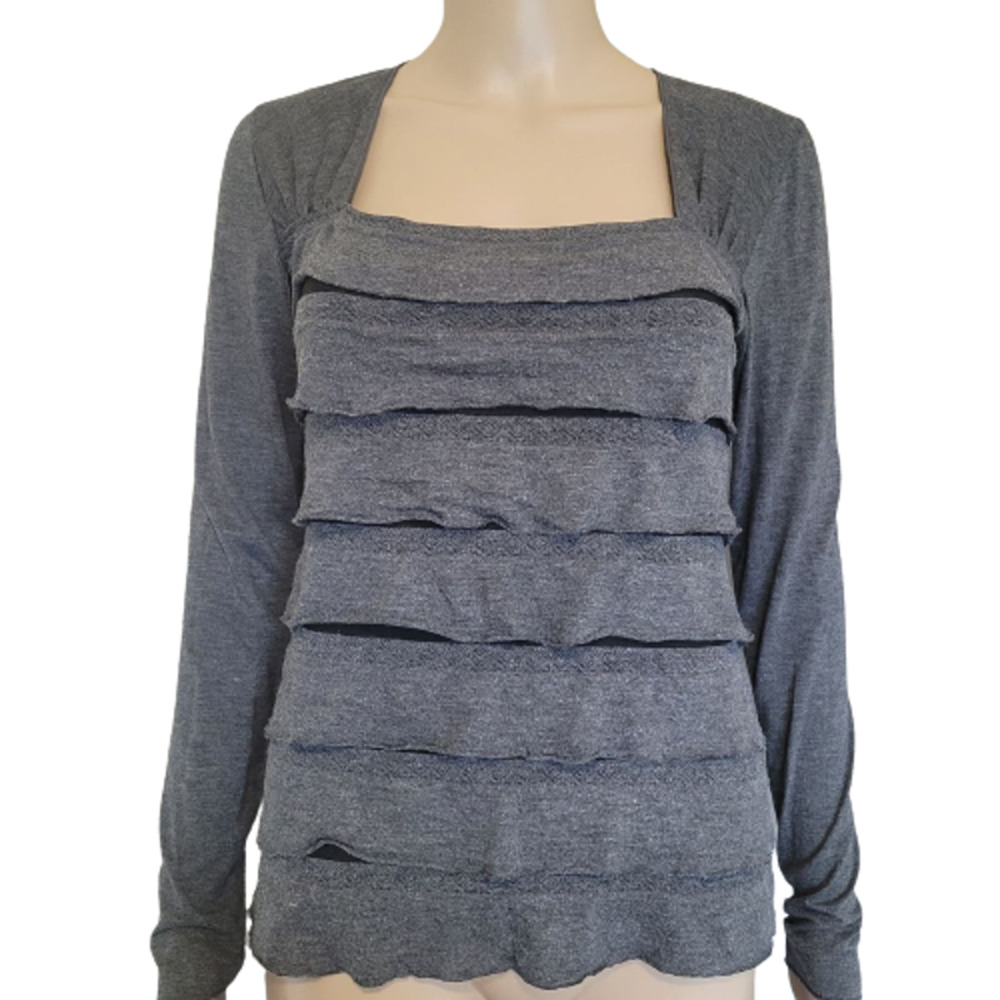 Studio M Women's Gray Long Sleeve Ruffle Tiered Blouse Top Size S